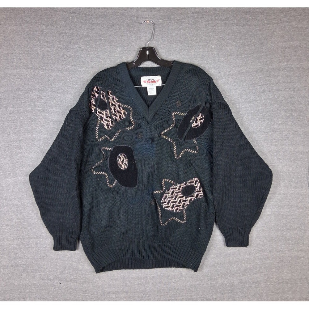 VTG International Sportswear Womens Sweater V Neck Embroidered Heavy Granny